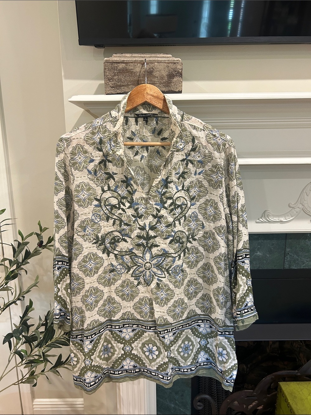 John Mark Olive, Cream & Blue Embroidered Casual Button-Down Shirt